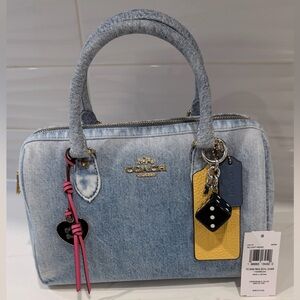 NWT Coach Medium Rowan Satchel Bag In Loved Denim With Charms CDY75